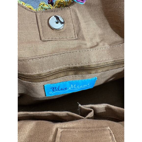 Blue Miami | Women's Multicolor Woven Canvas Straw Basket Beach Tote Handbag - Picture 7 of 7